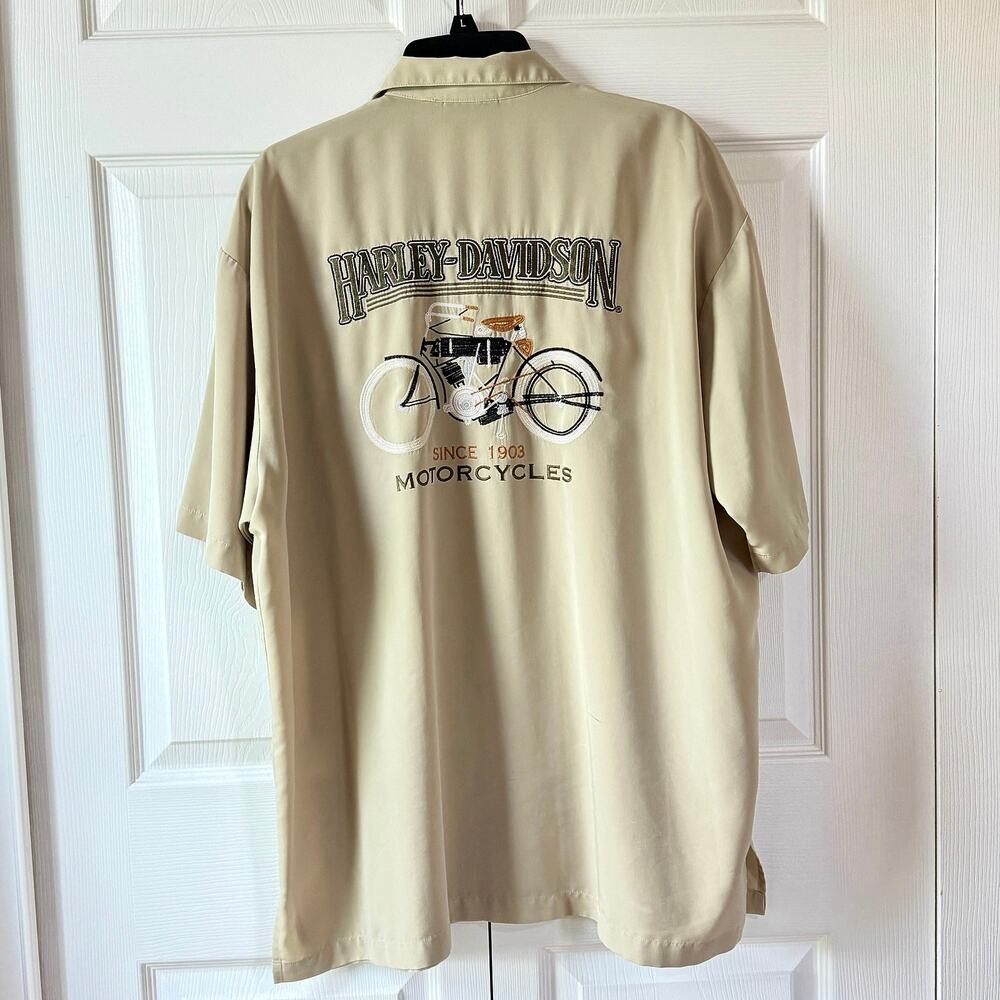 Harley Davidson Shirt Mens 2XL Beige Embroidered Motorcycle Short Sleeve Camp